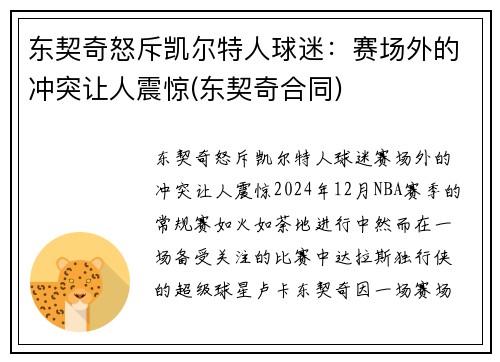 东契奇怒斥凯尔特人球迷：赛场外的冲突让人震惊(东契奇合同)