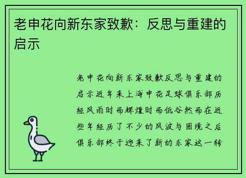 老申花向新东家致歉：反思与重建的启示