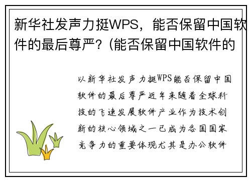 新华社发声力挺WPS，能否保留中国软件的最后尊严？(能否保留中国软件的最后尊严)