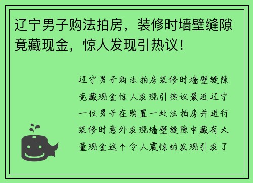 辽宁男子购法拍房，装修时墙壁缝隙竟藏现金，惊人发现引热议！