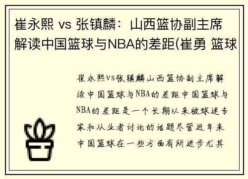 崔永熙 vs 张镇麟：山西篮协副主席解读中国篮球与NBA的差距(崔勇 篮球)