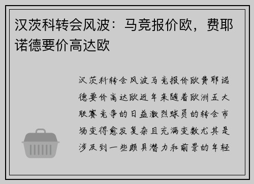 汉茨科转会风波：马竞报价欧，费耶诺德要价高达欧