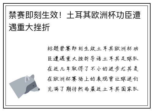 禁赛即刻生效！土耳其欧洲杯功臣遭遇重大挫折