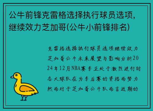 公牛前锋克雷格选择执行球员选项，继续效力芝加哥(公牛小前锋排名)