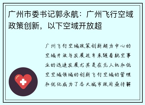 广州市委书记郭永航：广州飞行空域政策创新，以下空域开放超